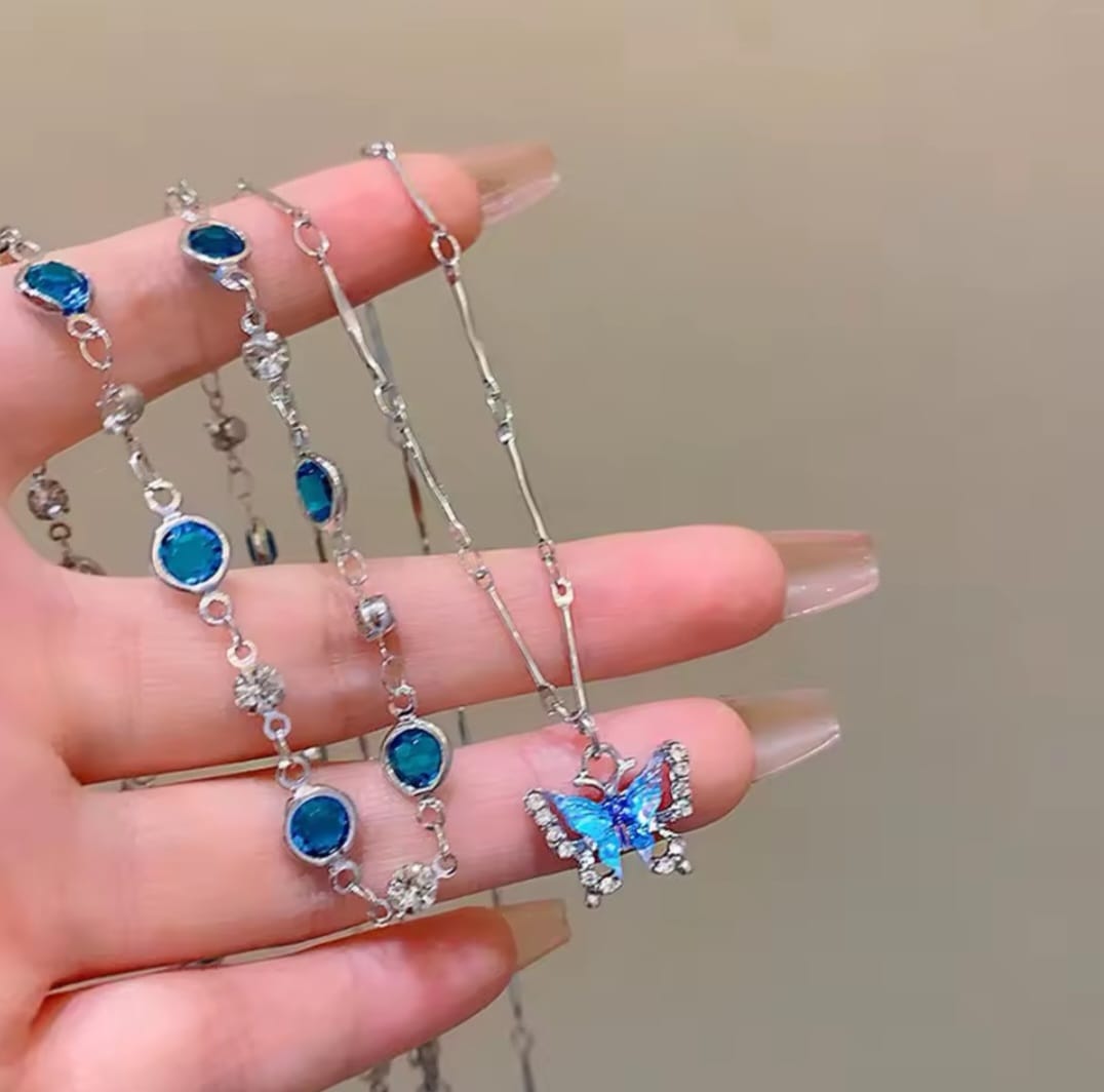 Romantic blue crystal butterfly necklace for women and girls