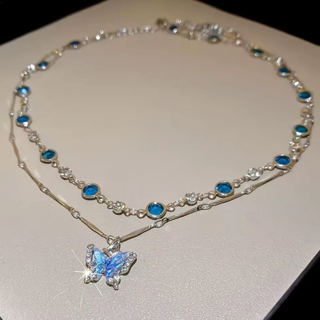 Romantic blue crystal butterfly necklace for women and girls
