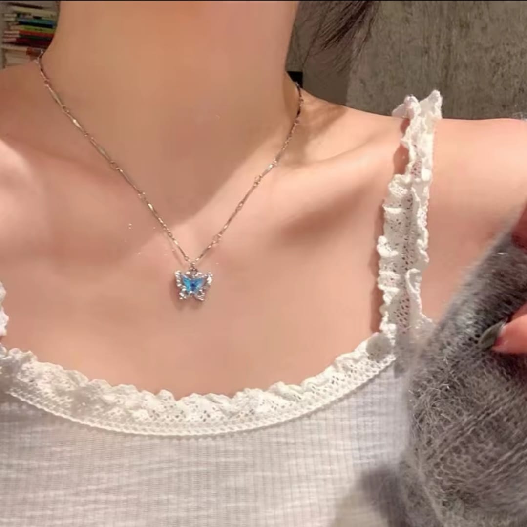 Romantic blue crystal butterfly necklace for women and girls