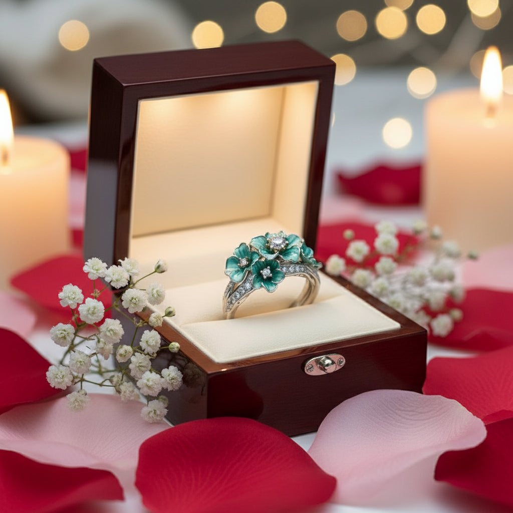 Silver ring with green floral designs and embedded diamonds on a light gray background