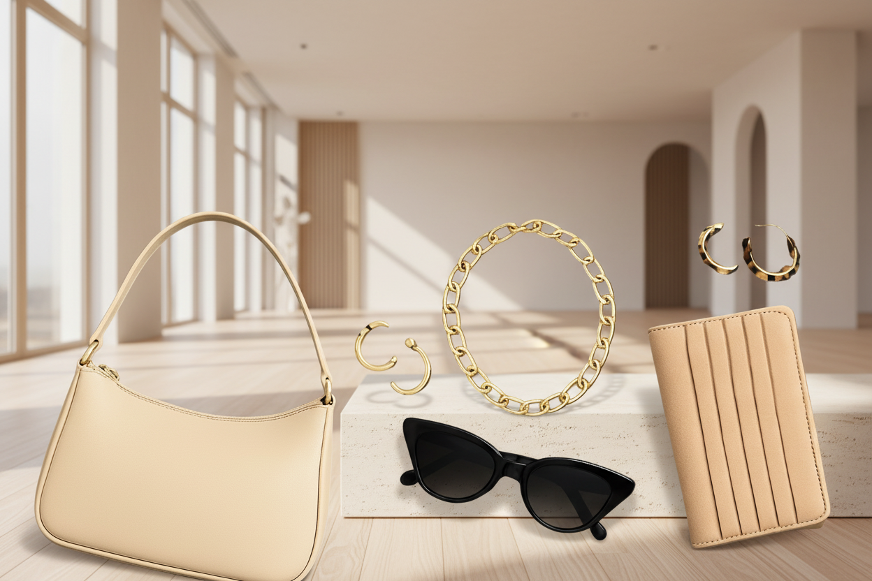 Fashion items including a beige handbag, sunglasses, and jewelry on a teal background with 'shopmixe' branding.